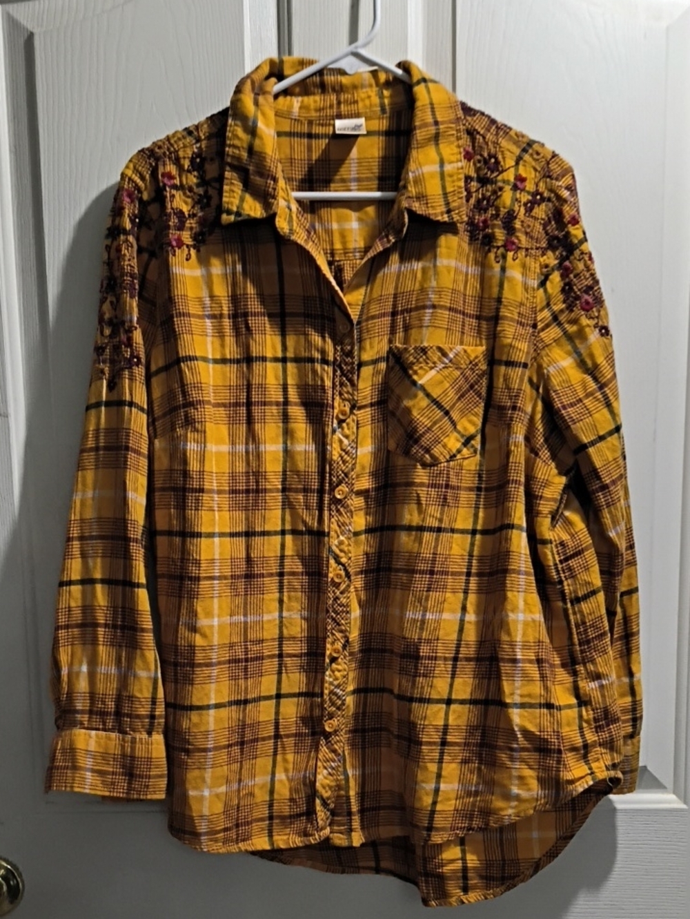 Terra & Sky Yellow Plaid Button-Down Shirt with Shoulder Embroidery